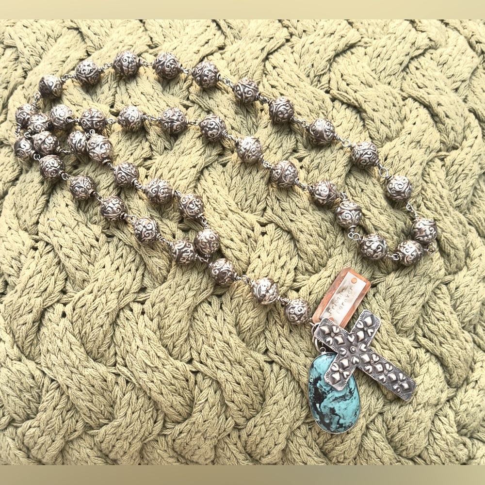 Hand Crafted Silver Beaded Necklace with Turquoise Blue Stone Cross